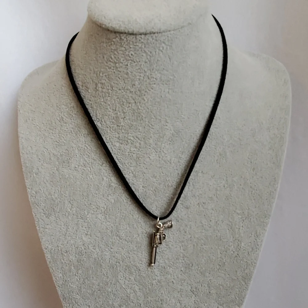 Mens silver revolver gun charm black suede necklace